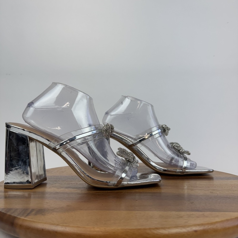 New Womens Abound Kitch Rhinestone Bow Silver Heeled Slide Sandals Size 12 M